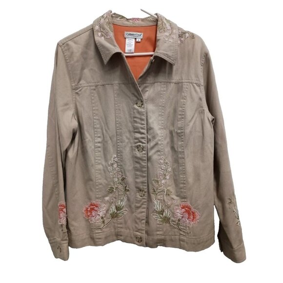 Coldwater Creek Womens Tan Floral EmbroideredJacket Medium Button Front BOHO - Picture 1 of 5